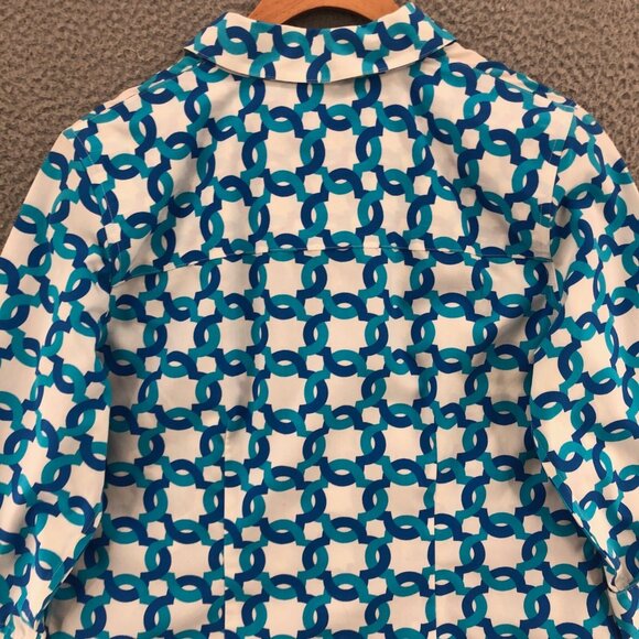 Chicos Shirt Womens 0 US 4 Blue Geometric No Iron Button Up Collar 3/4 Sleeve - Picture 4 of 9